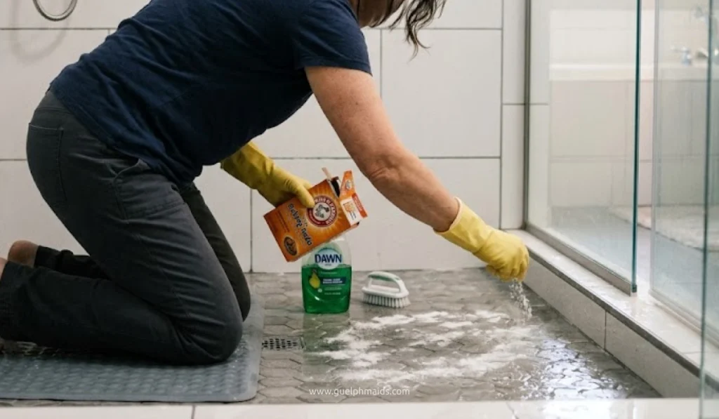 Woman cleaning shower