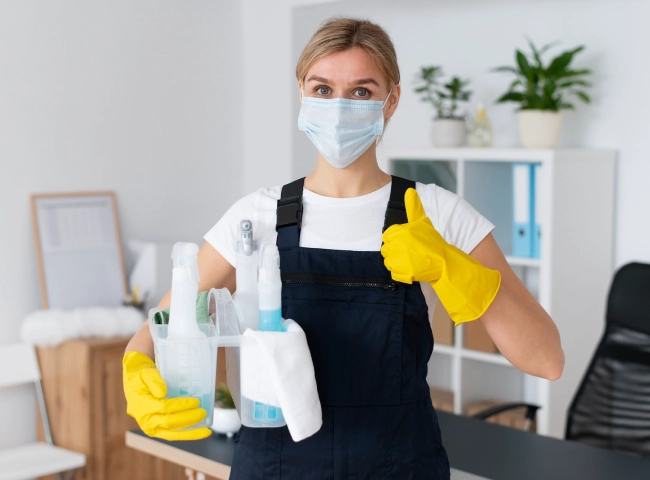 Person taking care of office cleaning with thumbs up