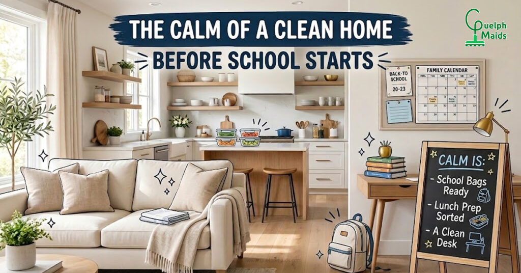 Article cover for 'The Calm of a Clean Home Before School Starts' by Guelph Maids, showcasing an organized modern home prepared for the new school year with a spotless interior and back-to-school preparation checklist.